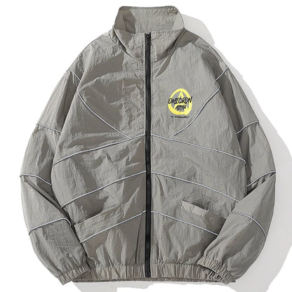 Gray windbreaker retro streetwear hip hop jacket with yellow logo and white stitching for autumn Harajuku streetwear