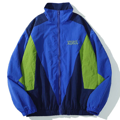 Blue and green color-blocked hip hop jacket windbreaker retro streetwear with high collar zipper front and elastic cuffs