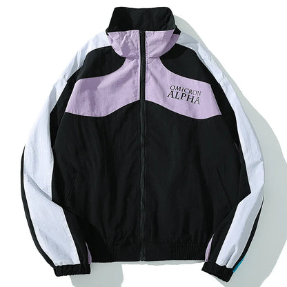 Black white and lavender color block windbreaker retro streetwear hip hop jacket with omicron alpha branding for autumn harajuku style