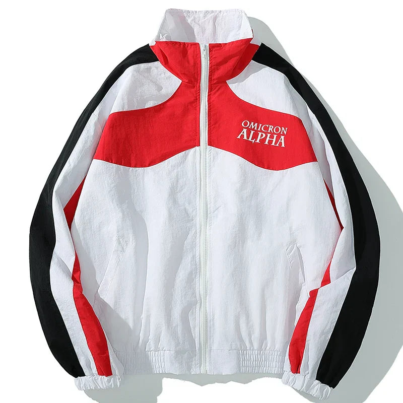White red and black color-blocked hip hop jacket windbreaker retro streetwear with omicron alpha embroidery on chest
