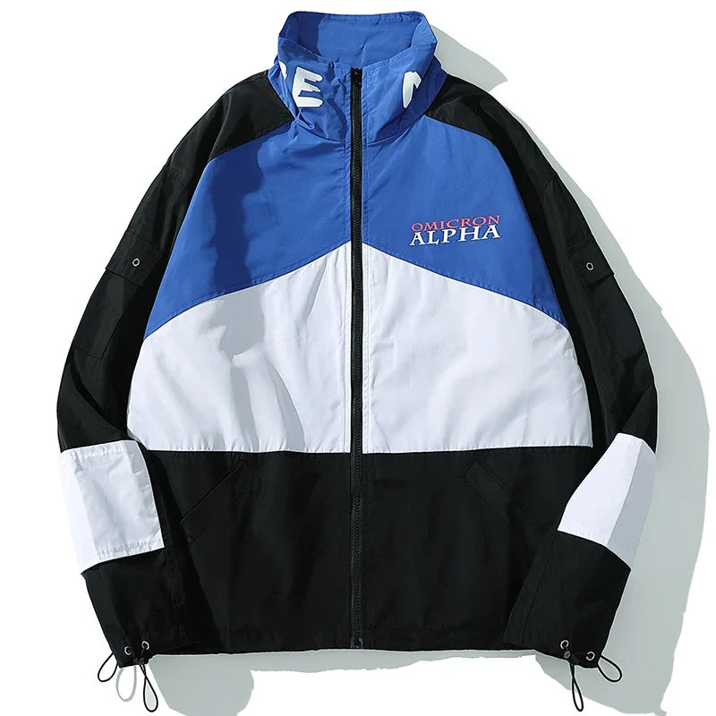 Blue black and white color-blocked hip hop jacket windbreaker retro streetwear coat autumn harajuku with omicron alpha logo