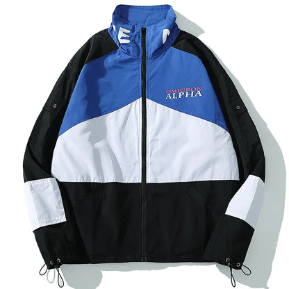 Blue black and white color-blocked hip hop jacket windbreaker retro streetwear coat autumn harajuku with omicron alpha logo