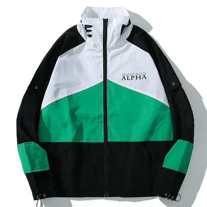 A black white and vibrant green color block hip hop jacket windbreaker retro streetwear coat autumn harajuku style