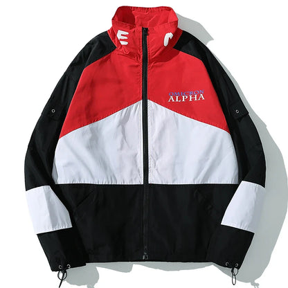 Red black and white color-blocked hip hop jacket windbreaker retro streetwear with omicron alpha logo coat autumn harajuku style