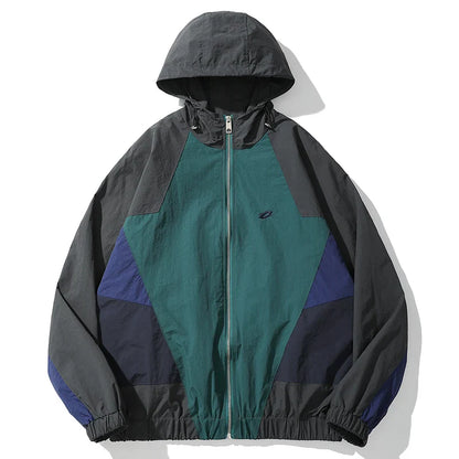 Dark green and navy blue hip hop jacket windbreaker retro streetwear with black zipper and elastic cuffs for autumn harajuku style