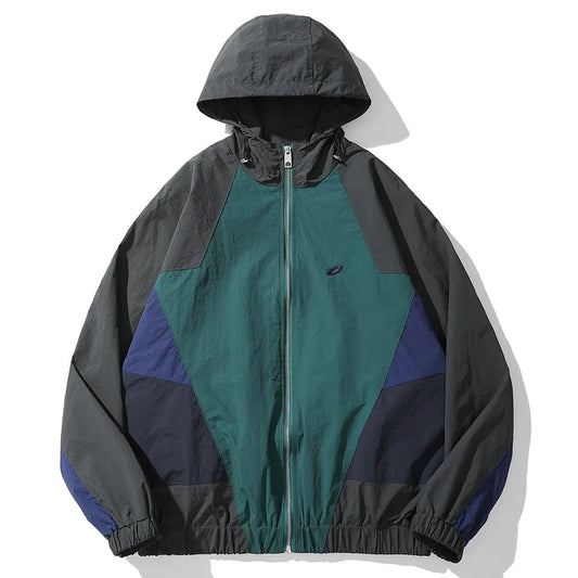 Dark green and navy blue hip hop jacket windbreaker retro streetwear with black zipper and elastic cuffs for autumn harajuku style