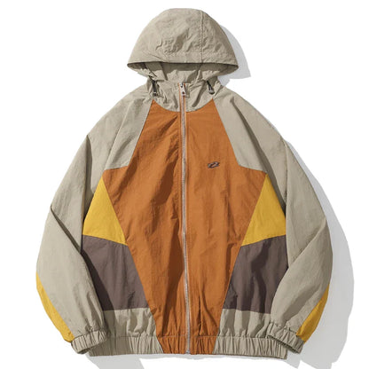 Beige orange and mustard-yellow hip hop jacket windbreaker retro streetwear coat autumn harajuku with zipper and elastic cuffs