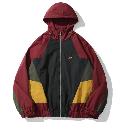 Maroon black and yellow color-blocked hip hop jacket with zipper front windbreaker retro streetwear coat autumn harajuku style