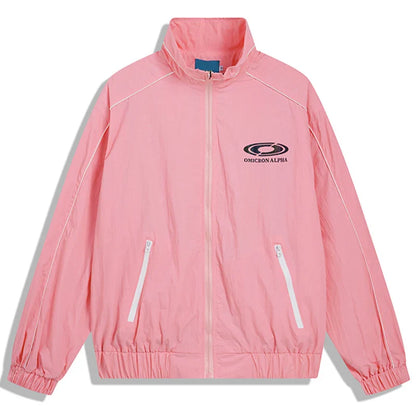 Pink omni alpha zip-up hip hop jacket with white zipper pulls and trim in windbreaker retro streetwear style coat autumn harajuku