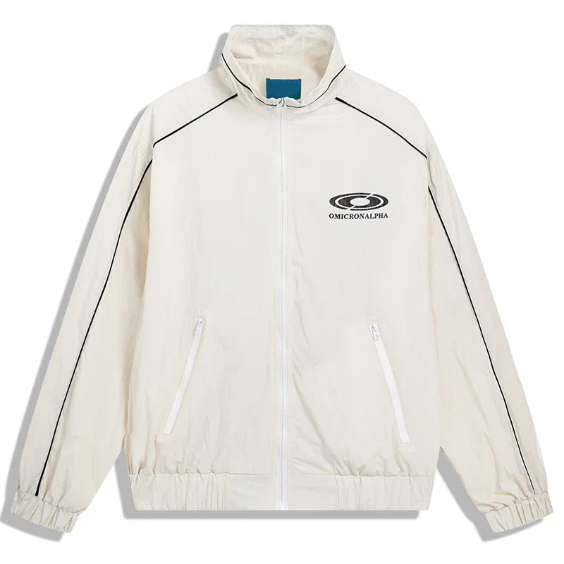 Cream-colored hip hop jacket zip-up windbreaker retro streetwear with black piping and omicronalpha logo for autumn harajuku