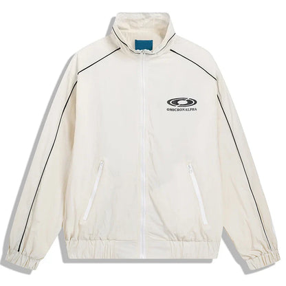 Cream-colored hip hop jacket zip-up windbreaker retro streetwear with black piping and omicronalpha logo for autumn harajuku