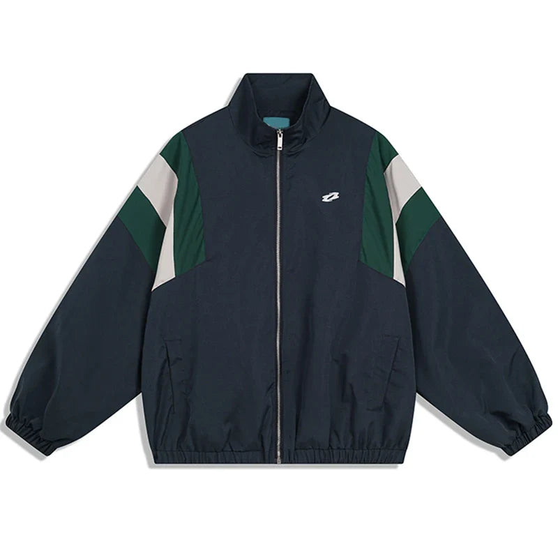 Dark navy hip hop jacket windbreaker retro streetwear with green and white color block sleeves and embroidered logo