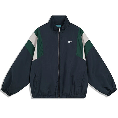 Dark navy hip hop jacket windbreaker retro streetwear with green and white color block sleeves and embroidered logo