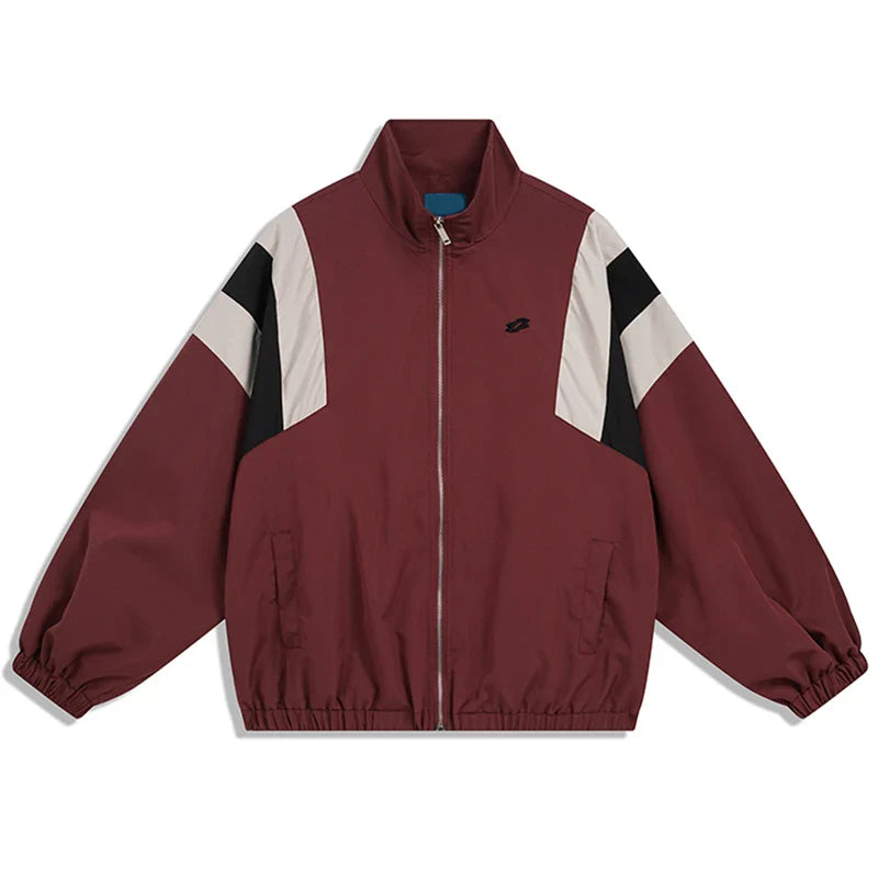 Maroon and white color block hip hop jacket windbreaker retro streetwear with black shoulder accents and front zipper closure