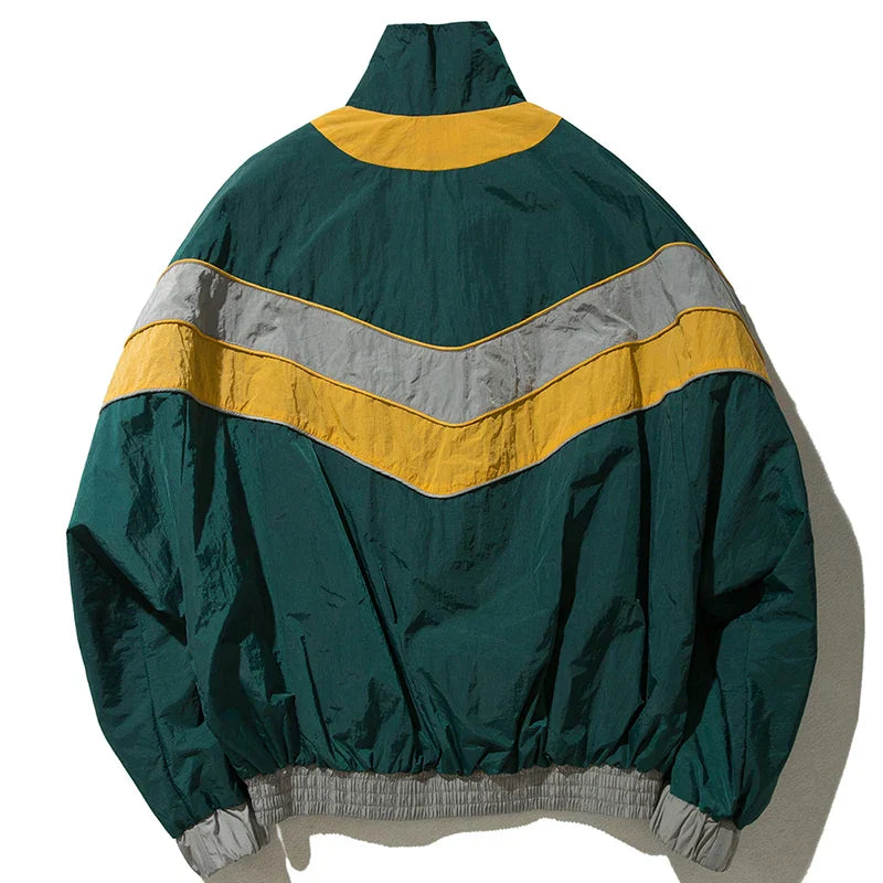 Dark green nylon hip hop jacket back with yellow silver chevron stripes high collar elastic cuffs windbreaker retro streetwear