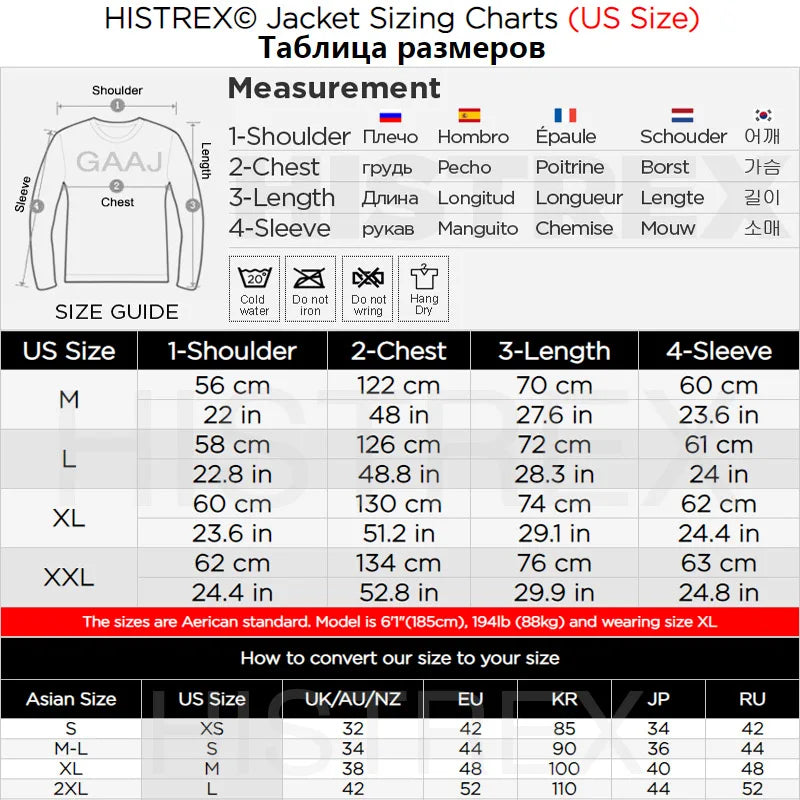 Histrex jacket sizing chart with US sizes and multilingual care labels for 2025 men hip hop jacket windbreaker retro streetwear coat autumn Harajuku