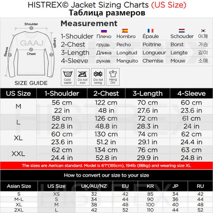 Histrex jacket sizing chart with US sizes and multilingual care labels for 2025 men hip hop jacket windbreaker retro streetwear coat autumn Harajuku