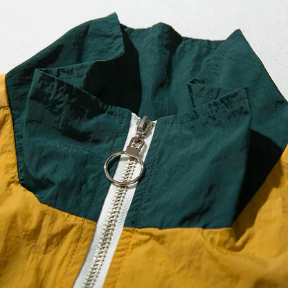 2025 men hip hop jacket windbreaker retro streetwear with dark green collar mustard yellow body and white zipper coat autumn harajuku