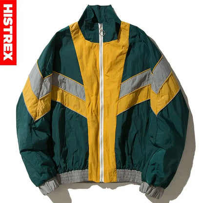 A vibrant hip hop jacket windbreaker retro streetwear with green yellow gray panels and reflective stripes for autumn harajuku