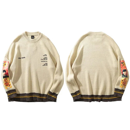 Cream-colored men hip hop streetwear van gogh embroidery knitted sweater with graphic sleeves and dark striped hem