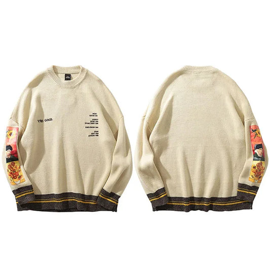 Cream-colored men hip hop streetwear van gogh embroidery knitted sweater with graphic sleeves and dark striped hem