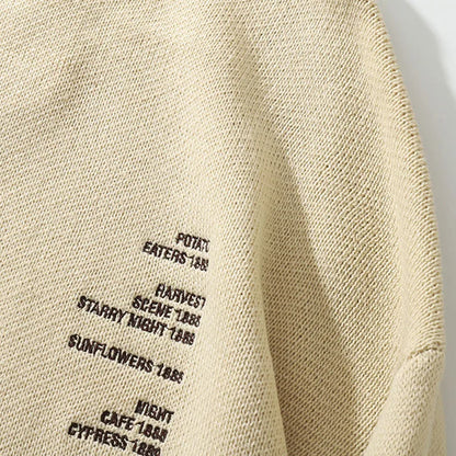 Beige cotton men hip hop sweater with dark gray embroidery featuring potato eaters and harvest scene 1885 design