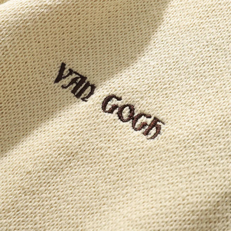 Beige cotton men hip hop sweater featuring streetwear van gogh embroidery knitted detail for autumn wear