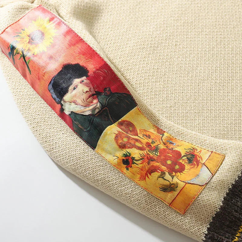 Beige men hip hop sweater pullover featuring vibrant streetwear van gogh embroidery knitted sweater in cotton