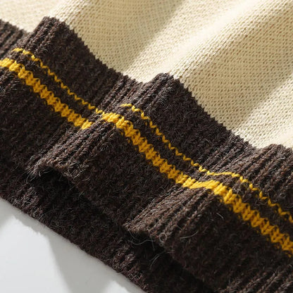 A men hip hop streetwear van gogh embroidery knitted sweater pullover in dark brown with yellow stripes and cream panels