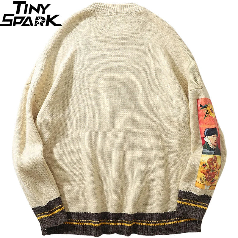 Cream-colored men hip hop embroidery knitted sweater pullover with vintage Van Gogh print and brown ribbed cuffs with yellow stripes