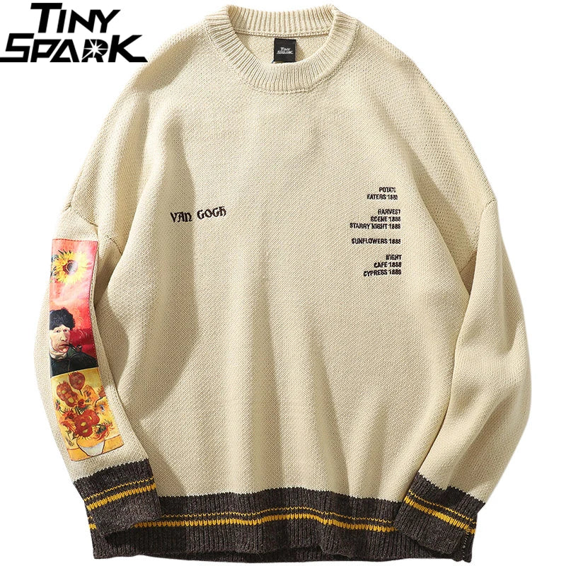 Cream-colored men hip hop streetwear van gogh embroidery knitted sweater pullover with yellow-striped ribbed cuffs