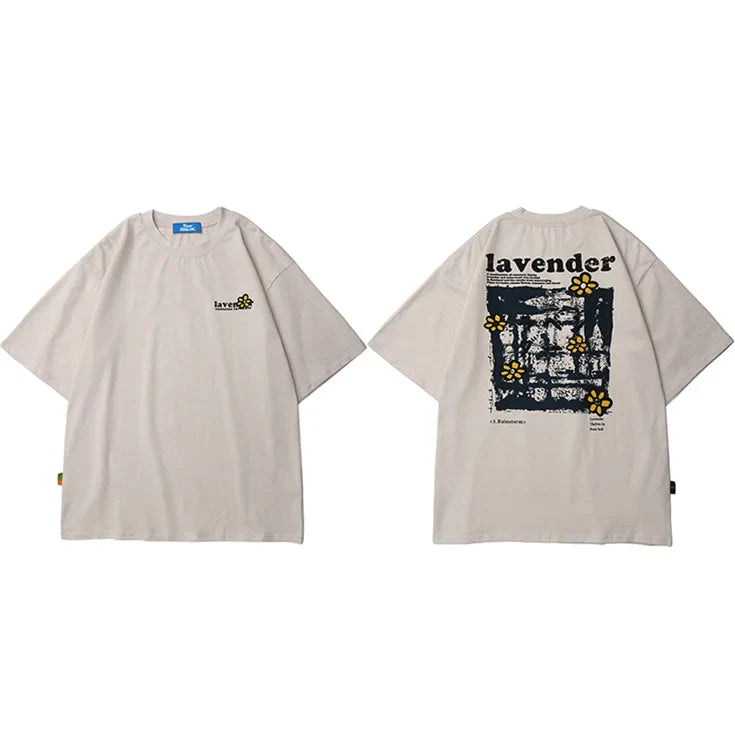 Beige oversized cotton 2025 men hip hop t shirt with minimalist front logo and detailed black yellow floral back graphic