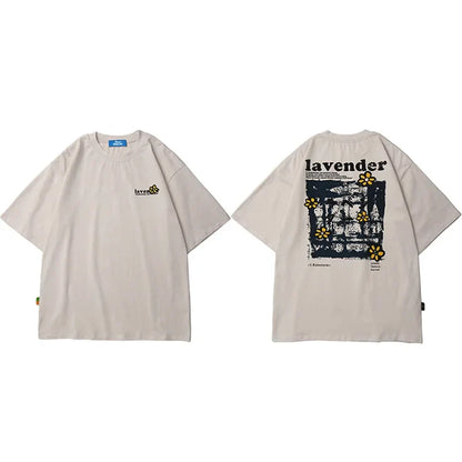 Beige oversized cotton 2025 men hip hop t shirt with minimalist front logo and detailed black yellow floral back graphic