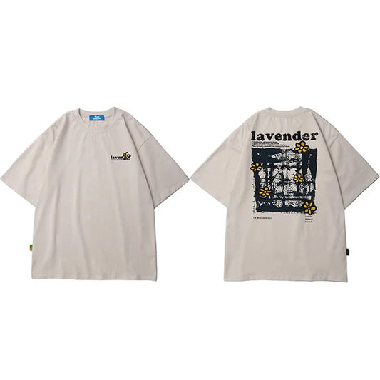 Beige oversized cotton 2025 men hip hop t shirt with minimalist front logo and detailed black yellow floral back graphic