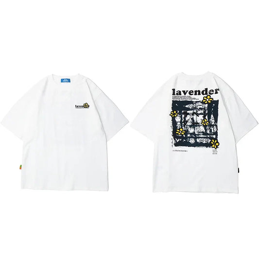 White cotton shirt streetwear harajuku with minimalist front logo and oversized back print floral design summer short sleeve