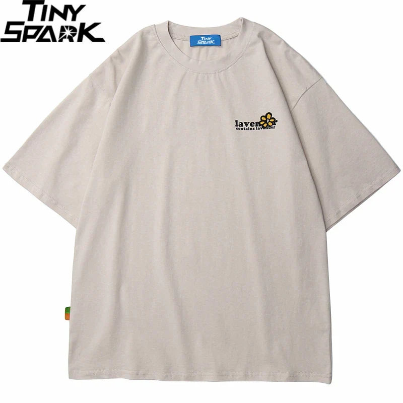 Beige oversize summer short sleeve tshirt loose cotton with floral embroidery and laven text for shirt streetwear harajuku