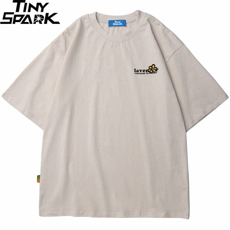 Beige oversized cotton 2025 men hip hop t shirt with small embroidered floral design and laven text on left chest
