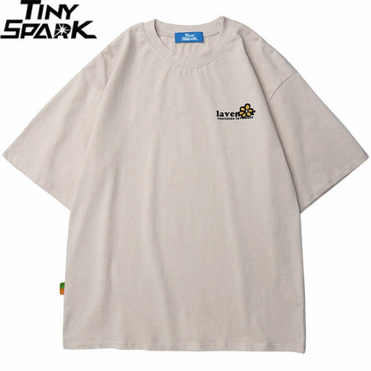 Beige oversized cotton 2025 men hip hop t shirt with small embroidered floral design and laven text on left chest