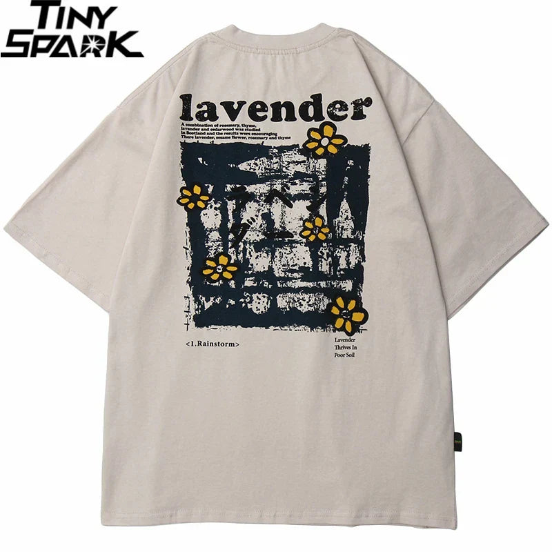Beige oversize summer short sleeve shirt streetwear harajuku with black and yellow floral graphic print on back cotton tee loose fit