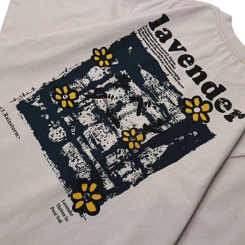 Off-white shirt streetwear harajuku with distressed lavender graphic and yellow flowers made of loose cotton for summer use