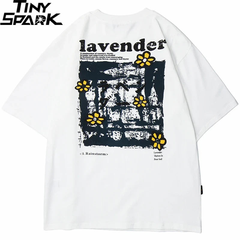 White oversized cotton t shirt with black and yellow floral graphic and lavender lettering for hip hop streetwear