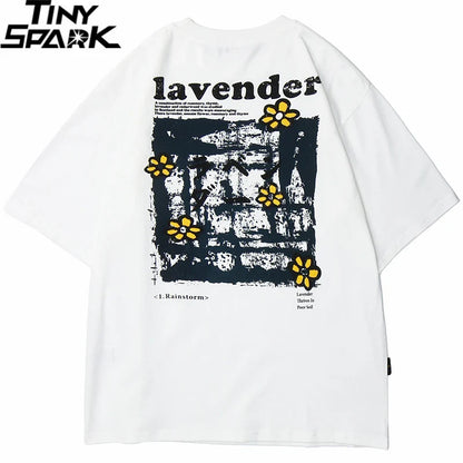 White oversized cotton t shirt with black and yellow floral graphic and lavender lettering for hip hop streetwear