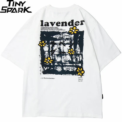 White oversized cotton tshirt loose cotton with black and yellow floral graphic and lavender text for shirt streetwear harajuku