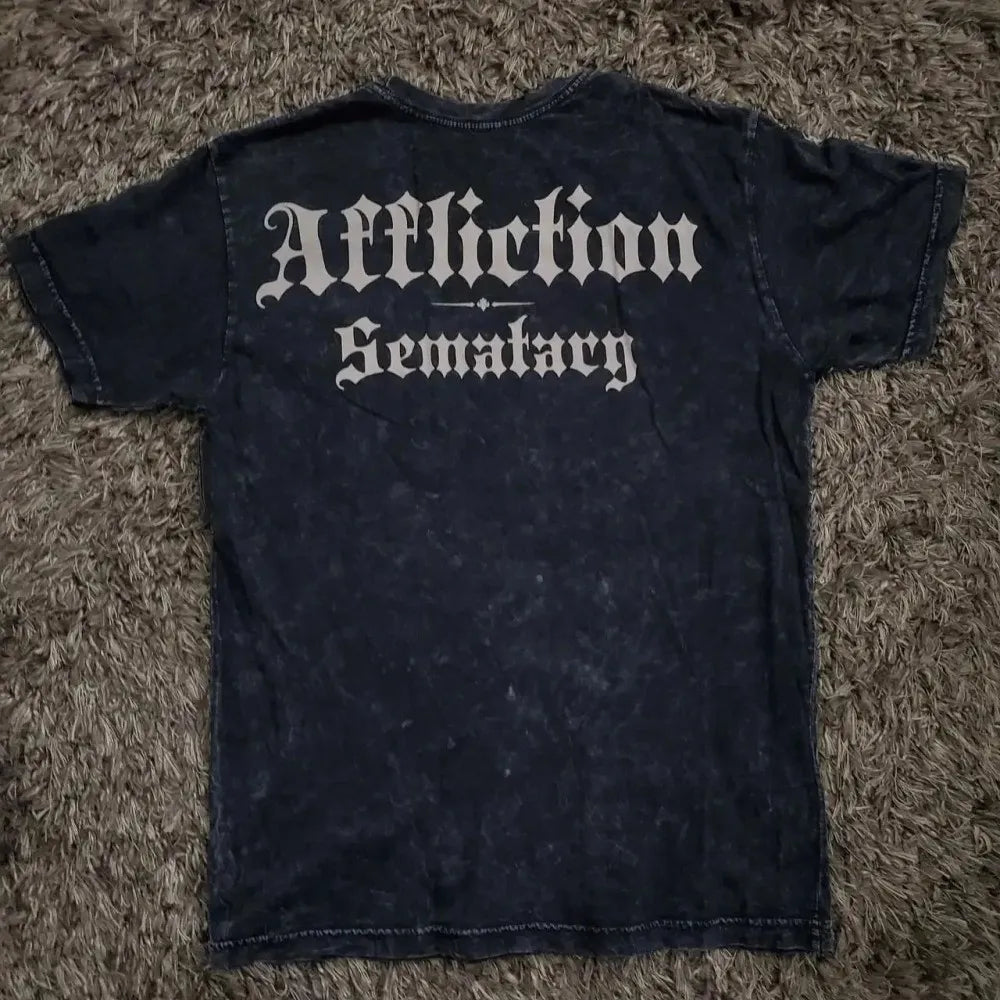 Black distressed cotton t shirt with white gothic affliction sematary print on back retro punk hip hop pattern printed breathable hardship