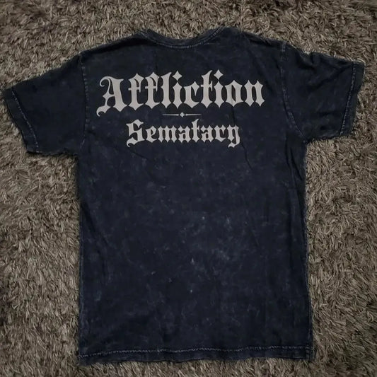 Black distressed cotton t shirt with white gothic affliction sematary print on back retro punk hip hop pattern printed breathable hardship