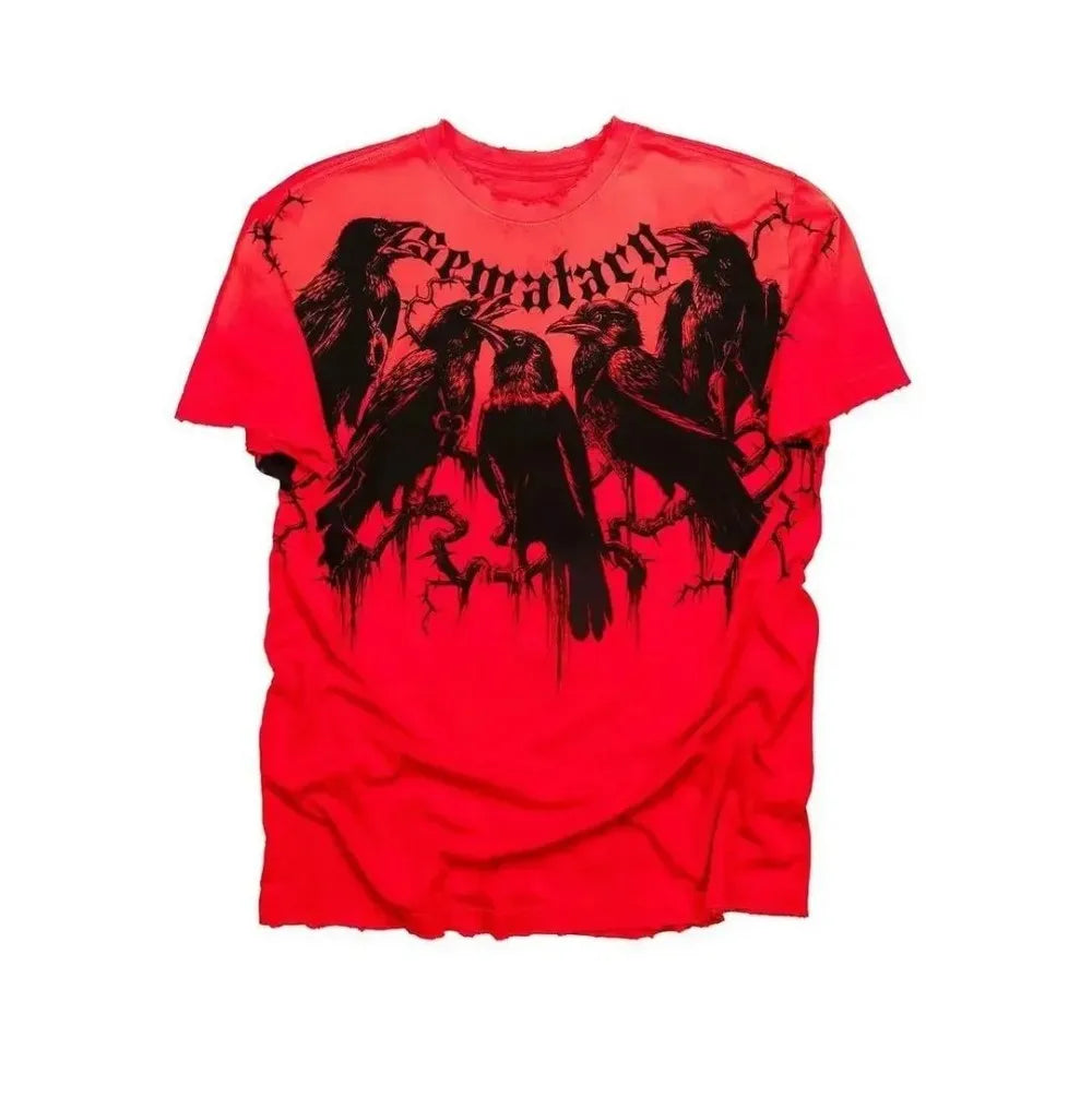 Vibrant red polyester short sleeve t-shirt with printed breathable hardship retro punk hip hop pattern and bold crow graphic
