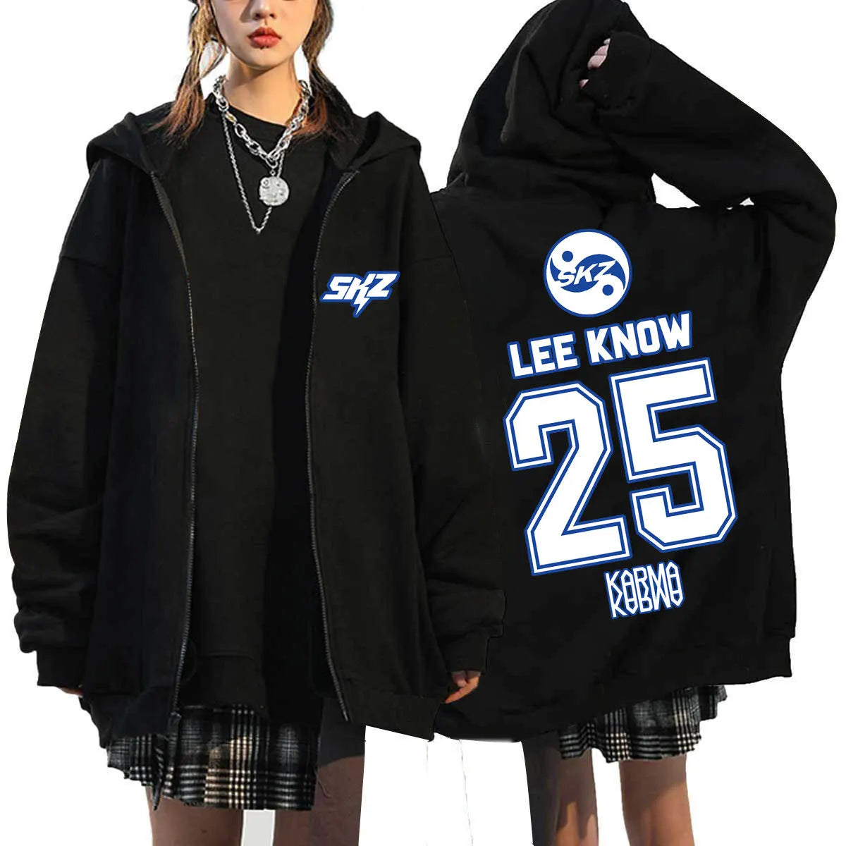 Black fleece-lined zip-up hoodie fashion casual with kpop karma print and lee know 25 kobno on the back for men and women