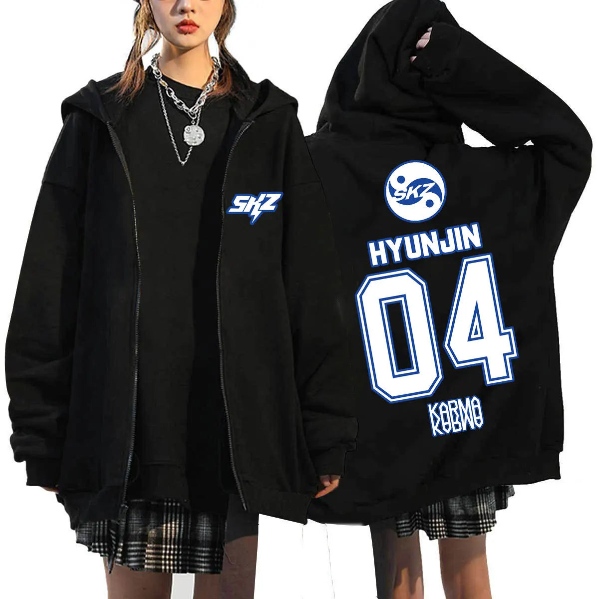 Black fleece-lined zip-up hoodie fashion casual with kpop karma print hyunjin 04 and circular skz logo on back