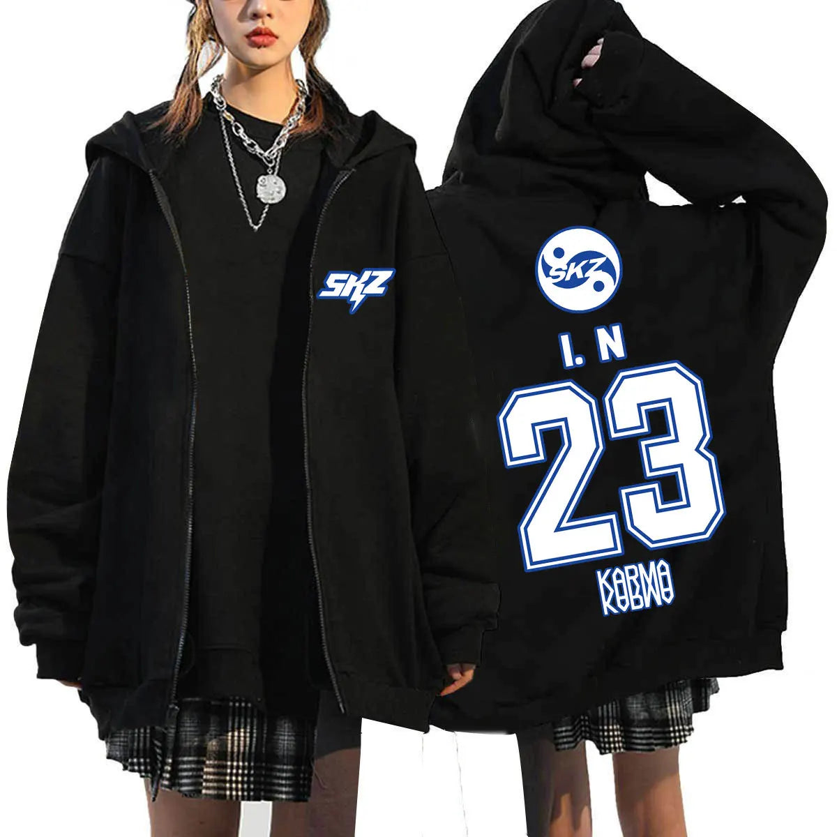 Back view of black fleece-lined zip-up hoodie fashion casual with blue skz kpop karma print logo and number 23