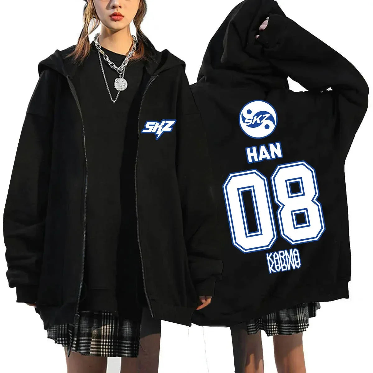 Black fleece-lined kpop karma print zip-up hoodie fashion casual loose long sleeve jacket back with skz han 08 kobmo design